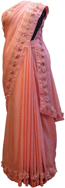 Baby Pink Designer PartyWear Georgette Thread Pearl Stone Hand Embroidery Work Saree Sari