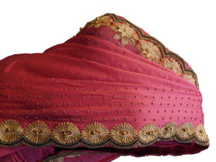Pink Designer PartyWear Georgette Thread Pearl Beads Hand Embroidery Work Saree Sari