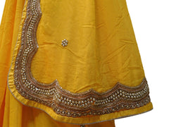 Yellow Designer PartyWear Georgette (Viscos) Beads  Cutdana Stone Hand Embroidery Work Saree Sari