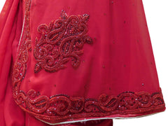 Red Designer PartyWear Georgette Thread Beads Stone Hand Embroidery Work Saree Sari