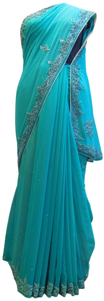 Blue Designer PartyWear Georgette Thread Beads Stone Hand Embroidery Work Saree Sari