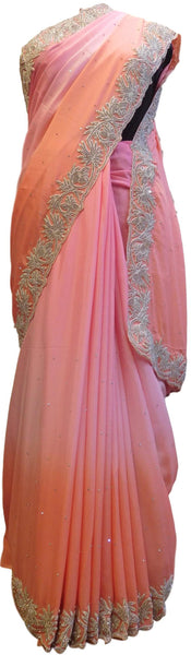 Pink & Peach Designer Wedding Partywear Georgette Beads Stone Hand Embroidery CutWork Border Bridal Saree Sari
