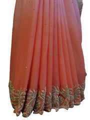 Pink & Peach Designer Wedding Partywear Georgette Beads Stone Hand Embroidery CutWork Border Bridal Saree Sari