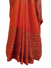 Red & Grey Designer PartyWear Crepe (Chinon) Thread Beads Cutdana Hand Embroidery Work Saree Sari
