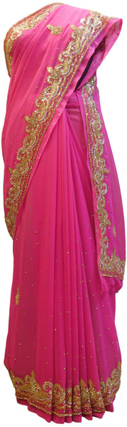 Pink Designer PartyWear Georgette Cutdana Stone Work Saree Sari