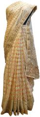 Cream Designer PartyWear Brasso Cutdana Pearl Sequence Zari Stone Work Saree Sari