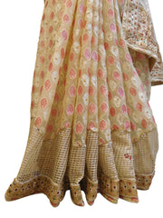 Cream Designer PartyWear Brasso Cutdana Pearl Sequence Zari Stone Work Saree Sari