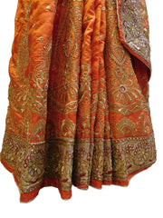 Orange Designer Wedding Sana Silk Zari Cutdana Beads Stone Hand Embroidery Work Bridal Saree Sari