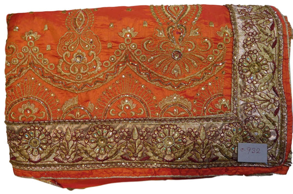 Orange Designer Wedding Sana Silk Zari Cutdana Beads Stone Hand Embroidery Work Bridal Saree Sari