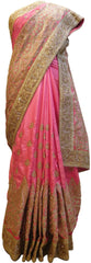 Pink Designer Wedding Sana Silk Zari Cutdana Beads Stone Hand Embroidery Work Bridal Saree Sari