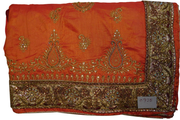 Orange Designer Wedding Sana Silk Zari Cutdana Beads Stone Hand Embroidery Work Bridal Saree Sari