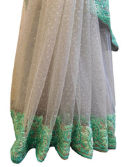 Grey Designer Wedding Partywear Net Thread Beads Stone Hand Embroidery Work Border Bridal Saree Sari