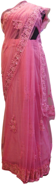 Pink Designer Wedding Partywear Net Thread Sequence Stone Hand Embroidery Work Border Bridal Saree Sari