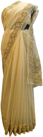 Beige Designer Wedding Partywear Net Thread Bullion Beads Stone Hand Embroidery Work Border Bridal Saree Sari