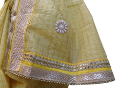 Yellow Designer PartyWear Pure Supernet (Cotton) Green Designer PartyWear Pure Supernet (Cotton) Zari Pearl Gota Bullion Beads Work Saree Sari