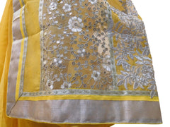 Yellow Designer PartyWear Pure Supernet (Cotton) Thread Sequence Zari Work Saree Sari With Beige Border