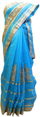 Blue Designer PartyWear Pure Supernet (Cotton) Thread Sequence Zari Work Saree Sari With Beige Border