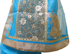 Blue Designer PartyWear Pure Supernet (Cotton) Thread Sequence Zari Work Saree Sari With Beige Border