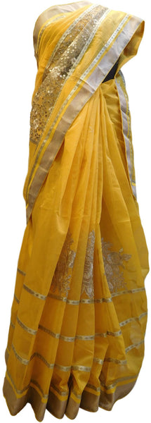 Yellow Designer PartyWear Pure Supernet (Cotton) Thread Sequence Zari Work Saree Sari With Beige Border