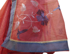 Gajari Designer PartyWear Pure Supernet (Cotton) Thread Work Saree Sari With Grey Border