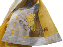 Yellow Designer PartyWear Pure Supernet (Cotton) Thread Work Saree Sari With Grey Border