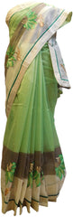 Green Designer PartyWear Pure Supernet (Cotton) Thread Work Saree Sari With Grey Border