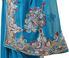 Turquoise Designer Wedding Partywear Georgette Bullion Cutdana Thread Stone Hand Embroidery Work Bridal Saree Sari