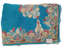 Turquoise Designer Wedding Partywear Georgette Bullion Cutdana Thread Stone Hand Embroidery Work Bridal Saree Sari