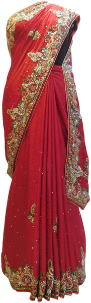 Red Designer Wedding Partywear Crepe (Jackard) Bullion Cutdana Thread Stone Hand Embroidery Work Bridal Saree Sari