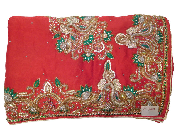 Red Designer Wedding Partywear Crepe (Jackard) Bullion Cutdana Thread Stone Hand Embroidery Work Bridal Saree Sari