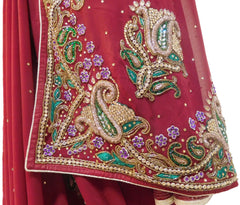 Red Designer Wedding Partywear Georgette Bullion Cutdana Thread Stone Hand Embroidery Work Bridal Saree Sari
