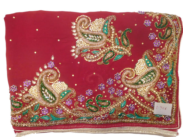 Red Designer Wedding Partywear Georgette Bullion Cutdana Thread Stone Hand Embroidery Work Bridal Saree Sari