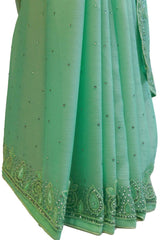 Turquoise Designer Wedding Partywear Georgette Beads Thread Stone Hand Embroidery Work Bridal Saree Sari