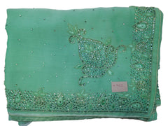 Turquoise Designer Wedding Partywear Georgette Beads Thread Stone Hand Embroidery Work Bridal Saree Sari