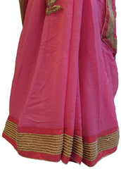 Pink Designer PartyWear Georgette (Viscos) Pearl Thread Zari Gota Hand Embroidery Work Saree Sari