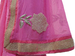 Pink Designer PartyWear Georgette (Viscos) Pearl Thread Zari Gota Hand Embroidery Work Saree Sari