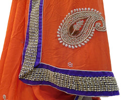 Orange Designer PartyWear Georgette (Viscos) Cutdana Pearl Cutdana Stone Bullion Thread Beads Hand Embroidery Work Saree Sari