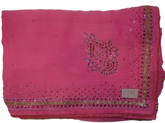 Pink Designer Wedding Partywear Georgette Beads Stone Hand Embroidery Work Bridal Saree Sari