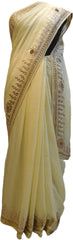 Cream Designer Wedding Partywear Crepe (Chinon) Gota Pearl Beads Cutdana Stone Hand Embroidery Work Bridal Saree Sari