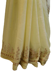 Cream Designer Wedding Partywear Crepe (Chinon) Gota Pearl Beads Cutdana Stone Hand Embroidery Work Bridal Saree Sari