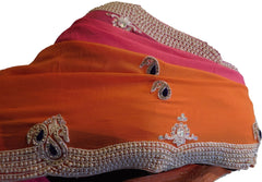 Pink & Orange Designer Wedding Partywear Georgette (Viscos) Thread Pearl Beads Cutdana Stone Hand Embroidery Work Cutwork Border Bridal Saree Sari