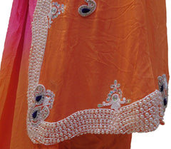 Pink & Orange Designer Wedding Partywear Georgette (Viscos) Thread Pearl Beads Cutdana Stone Hand Embroidery Work Cutwork Border Bridal Saree Sari