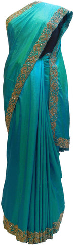 Turquoise Designer Wedding Partywear Silk Cutdana Thread Stone Hand Embroidery Work Bridal Saree Sari