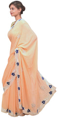Peach Designer Wedding Partywear Crepe (Chinon) Pearl Beads Thread Stone Hand Embroidery Work Bridal Cutwork Border Saree Sari