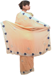Peach Designer Wedding Partywear Crepe (Chinon) Pearl Beads Thread Stone Hand Embroidery Work Bridal Cutwork Border Saree Sari