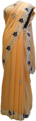 Peach Designer Wedding Partywear Crepe (Chinon) Pearl Beads Thread Stone Hand Embroidery Work Bridal Cutwork Border Saree Sari