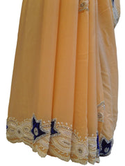 Peach Designer Wedding Partywear Crepe (Chinon) Pearl Beads Thread Stone Hand Embroidery Work Bridal Cutwork Border Saree Sari
