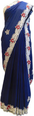 Blue Designer Wedding Partywear Crepe (Chinon) Pearl Beads Thread Stone Hand Embroidery Work Bridal Cutwork Border Saree Sari