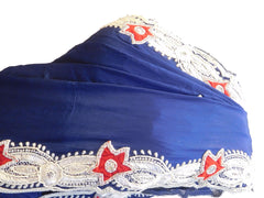 Blue Designer Wedding Partywear Crepe (Chinon) Pearl Beads Thread Stone Hand Embroidery Work Bridal Cutwork Border Saree Sari