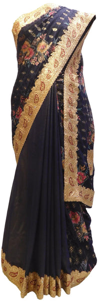 Blue Designer PartyWear Brasso & Georgette Zari Stone Work Saree Sari